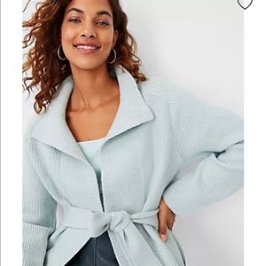 Ann Taylor Belted Ribbed Coatigan Tidal Mist